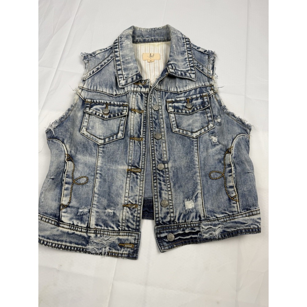 Lost brand Blue Denim Distressed Button Up Vest Western Women's Size M Pockets